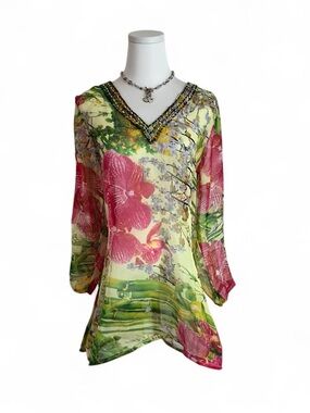 Vintage Beaded V-Neck Floral Tunic in Yellow and Pink